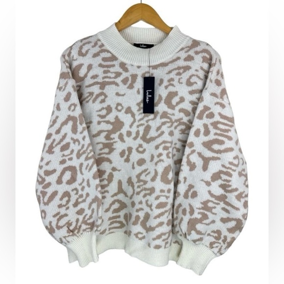 Lulus Purr-fectly Toasty Animal Print Ivory and Beige Pullover Sweater Small - Picture 5 of 10
